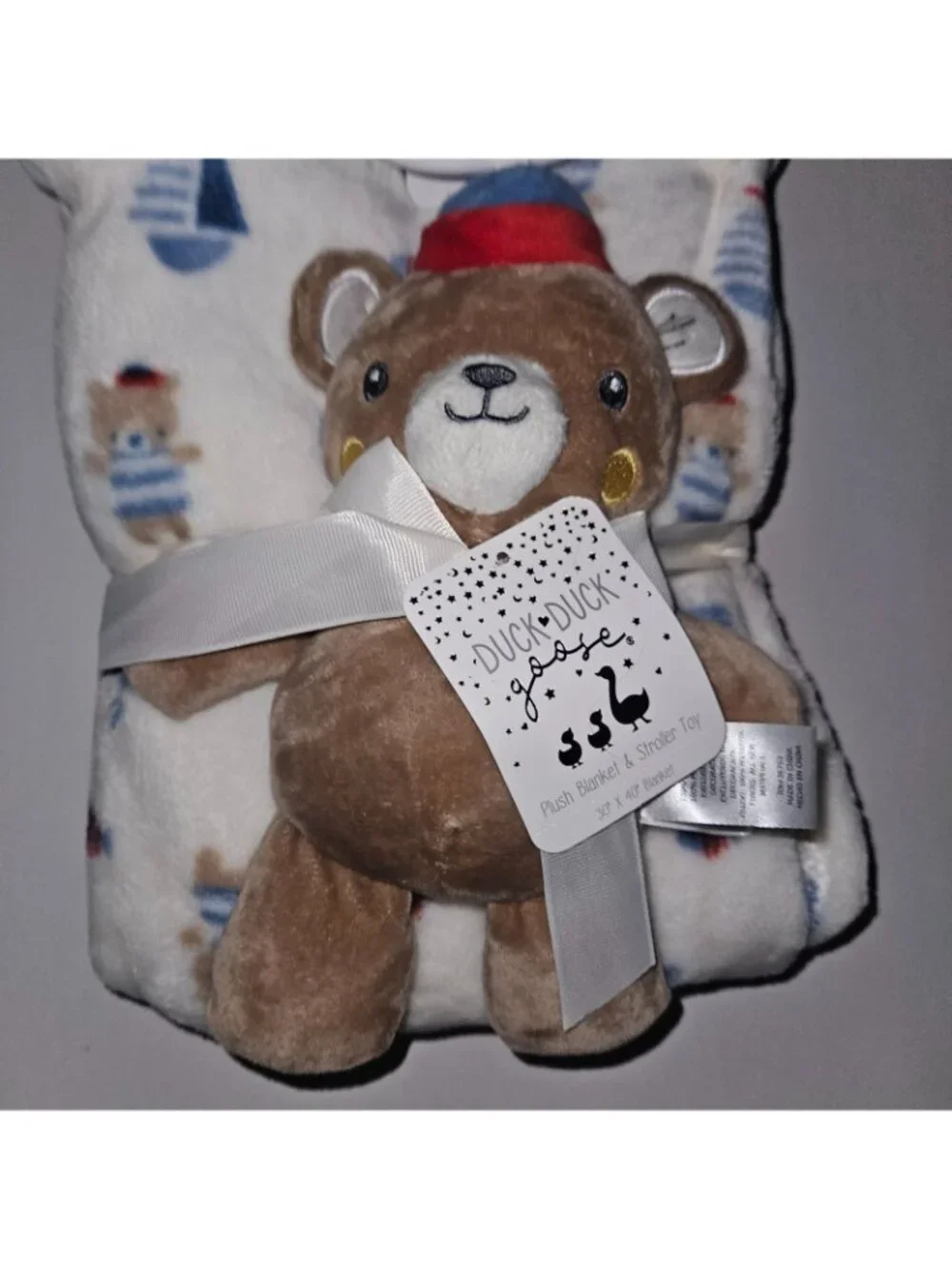 NEW Duck Goose Baby Blanket Plush Stroller Toy Gift Brown Teddy Bear Clip Boats